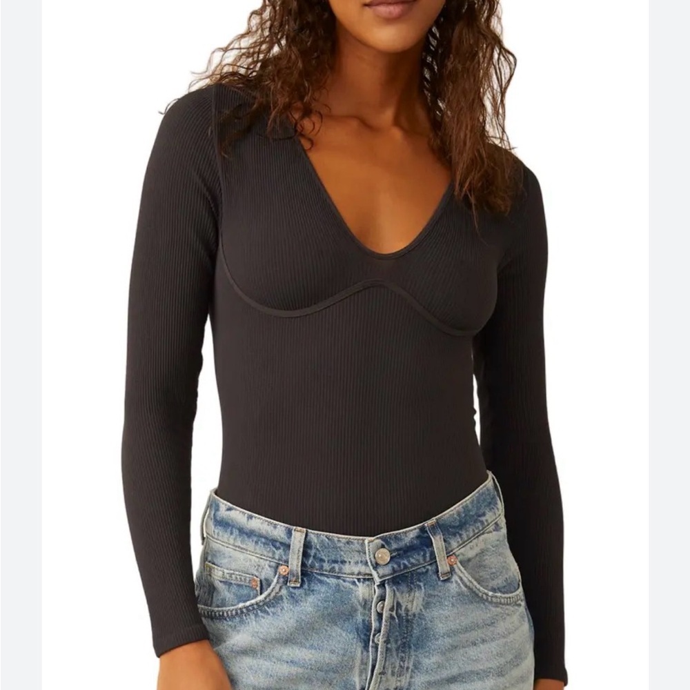 Free People Intimately FP Meg Black Ribbed Long Sleeve Bodysuit